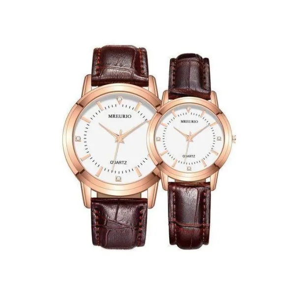 2PCS Couples Wrist Watch Set – Brown Leather Strap