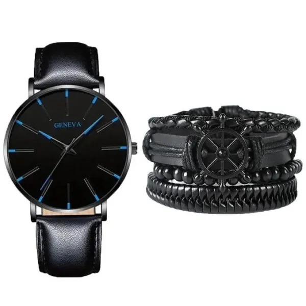 Men's Black Quartz Watch with Leather Strap & Brac