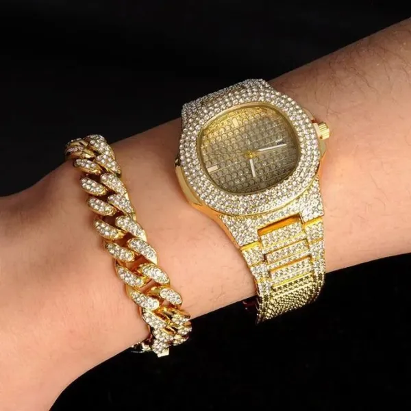 Men's Gold Alloy 2-in-1 Diamond Watch & Bracelet S