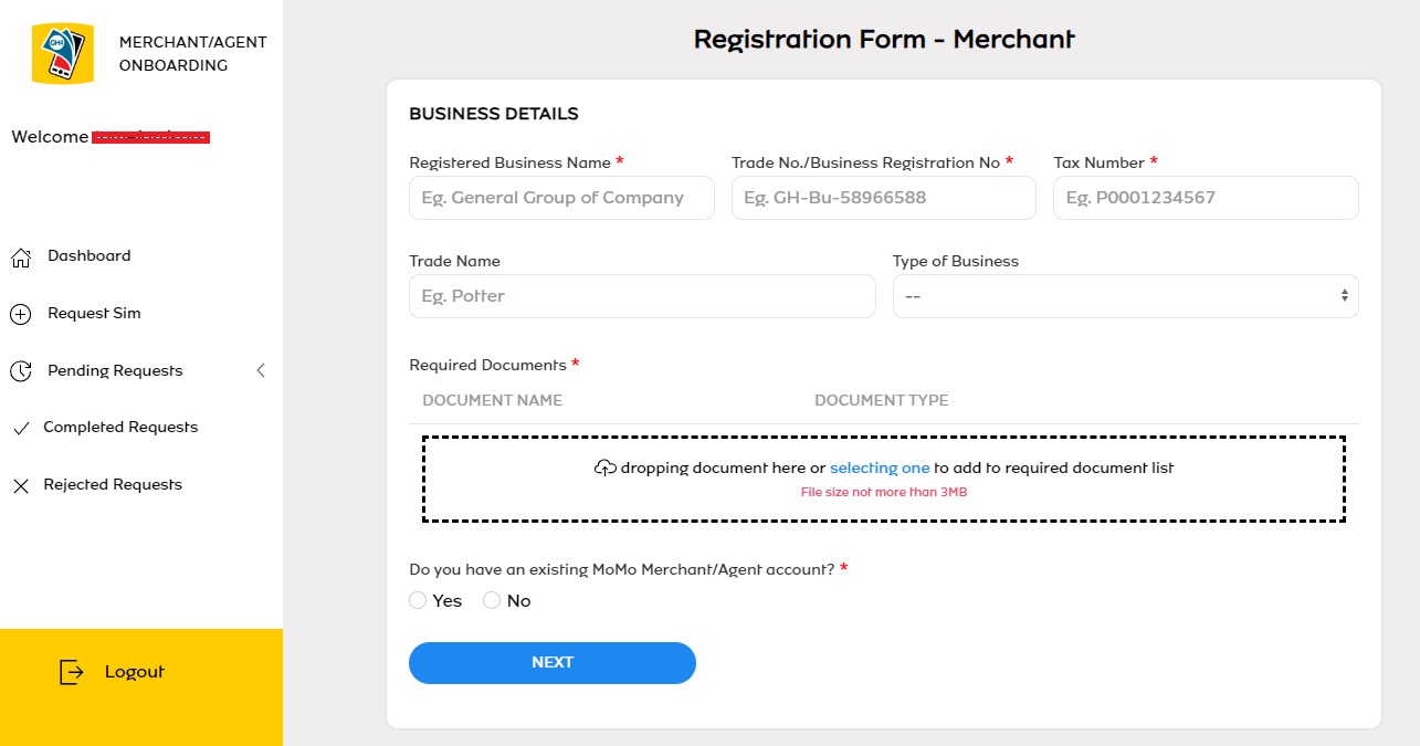 Mobile Money Agent Merchant Registration form